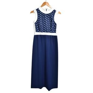 Vintage Alison Ayre Navy Blue & White Polka Dot Maxi Dress Size Medium